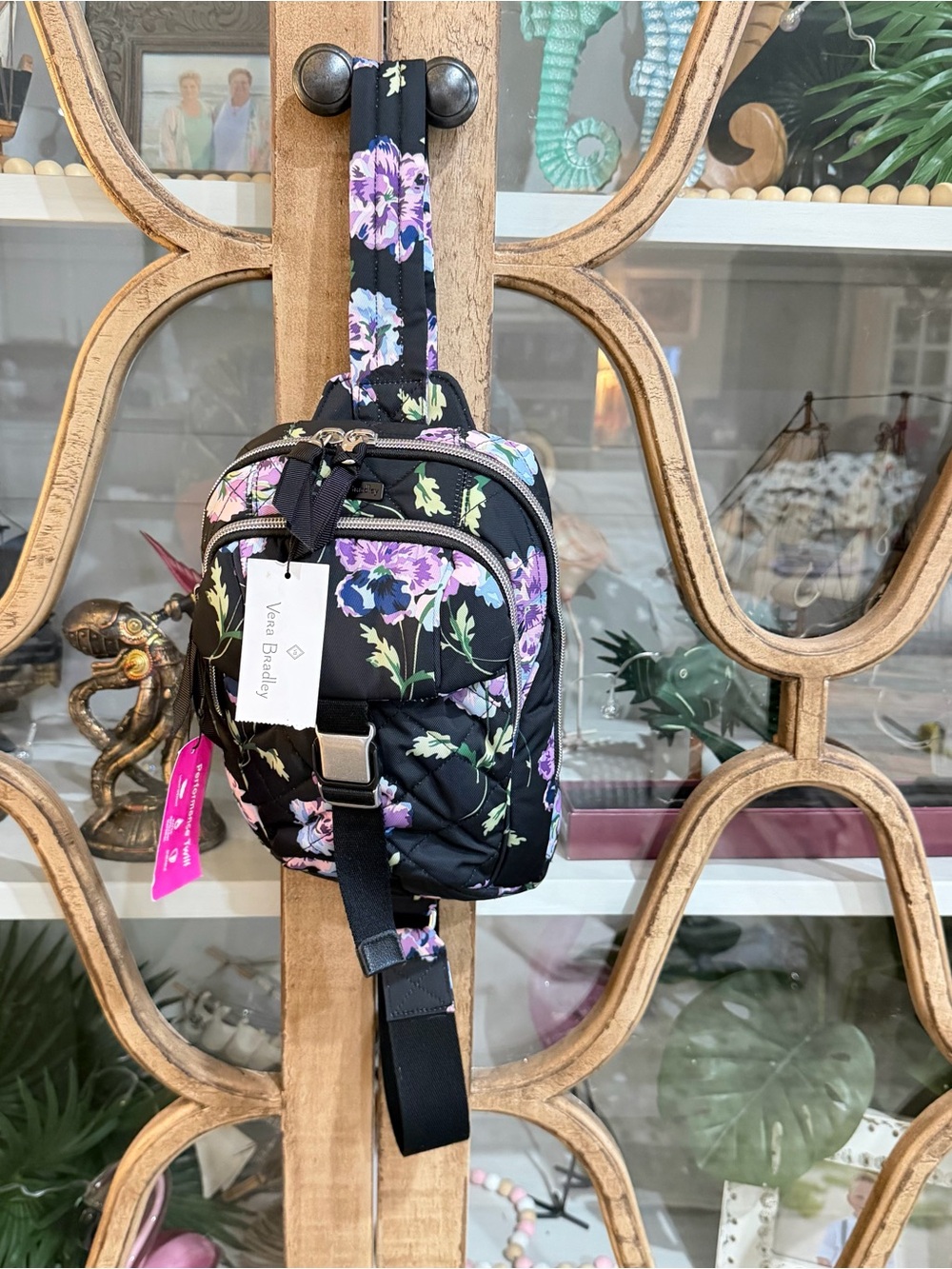 Vera Bradley Utility Sling Backpack in Floating Plum Pansies Purple Floral